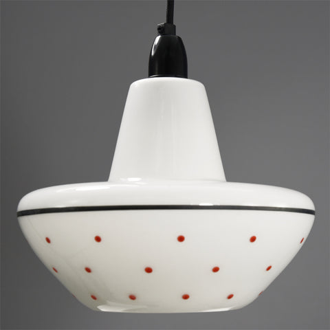 1950s-1960s white glass pendant ceiling light with black line and red dots