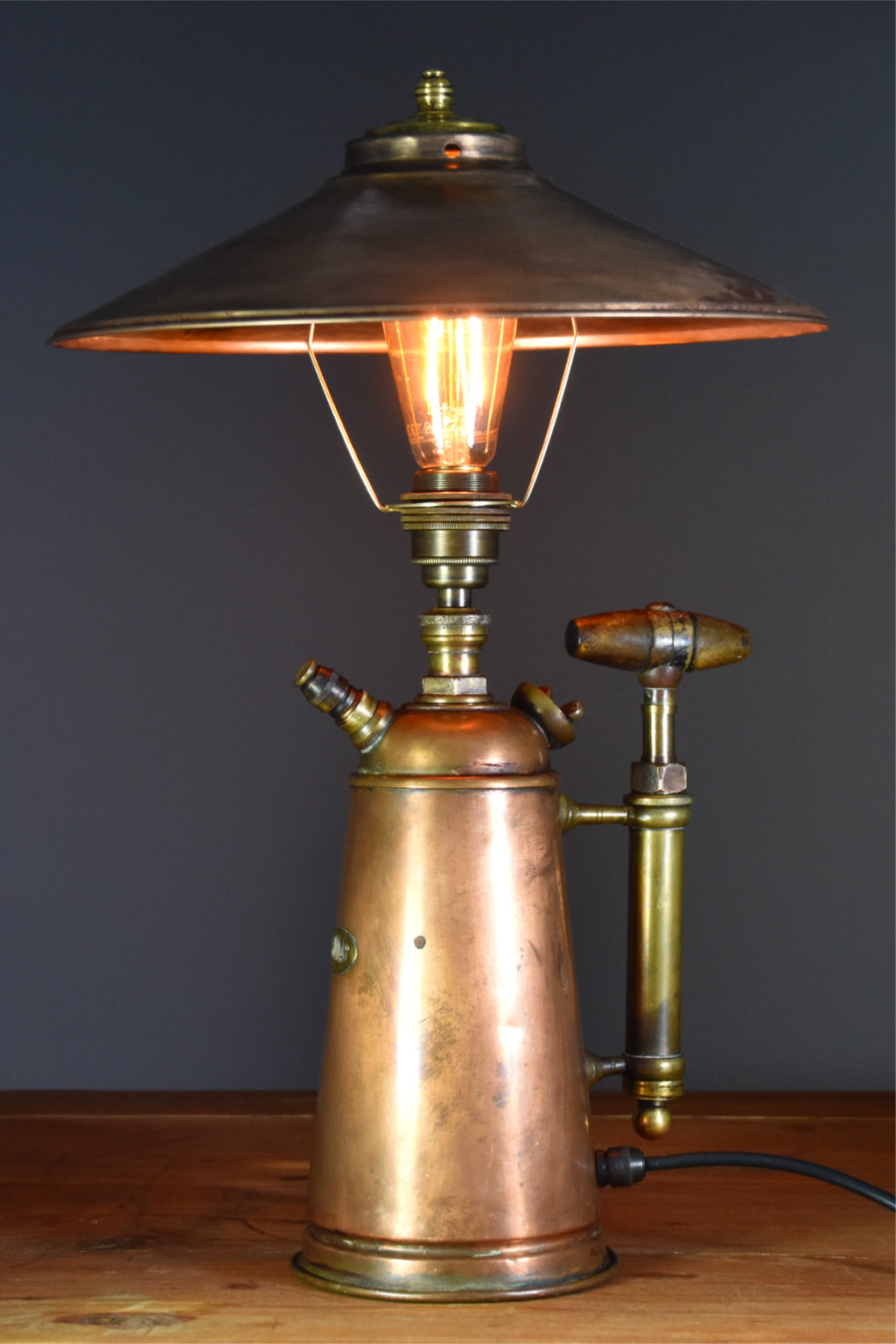 Antique copper and brass garden sprayer table lamp