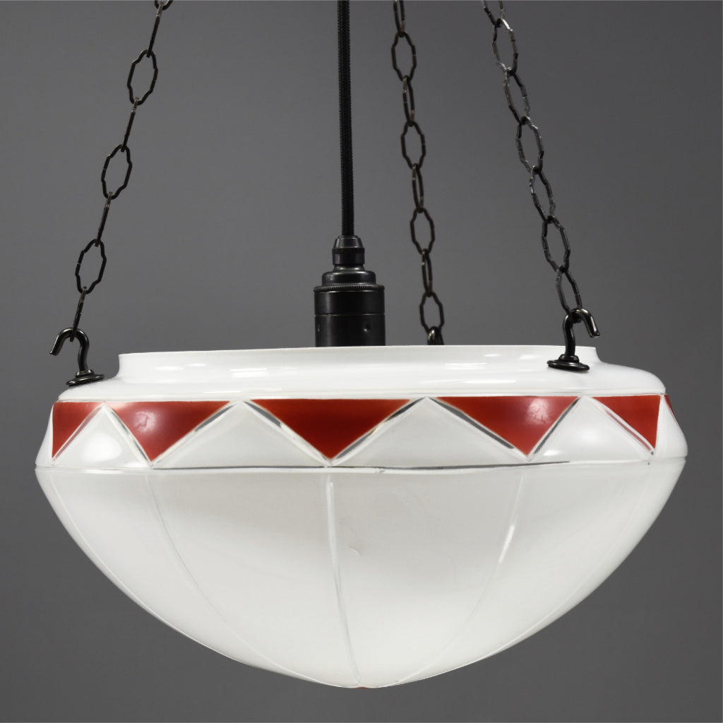 Large classic Art Deco Glass Flycatcher ceiling light with red diamond motif 