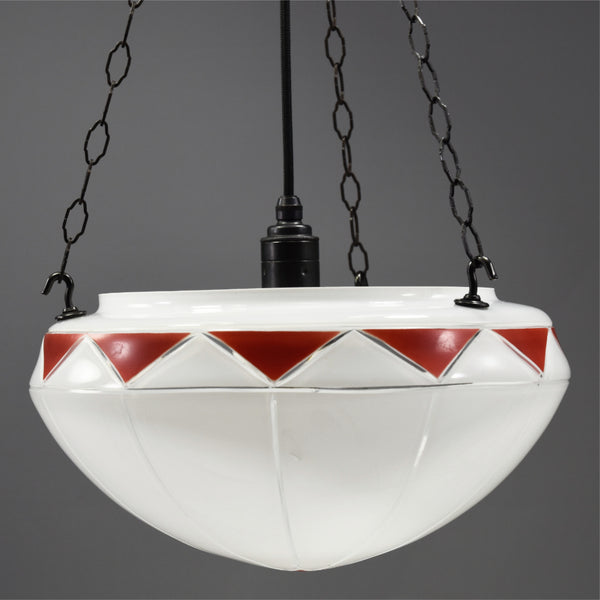Large classic Art Deco Glass Flycatcher ceiling light with red diamond motif 