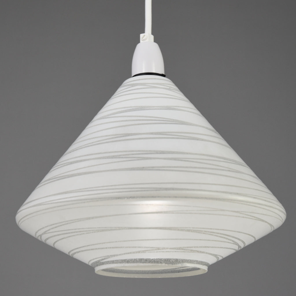 1950s-1960s Mid-Century Modern white frosted glass pendant light with swirl pattern