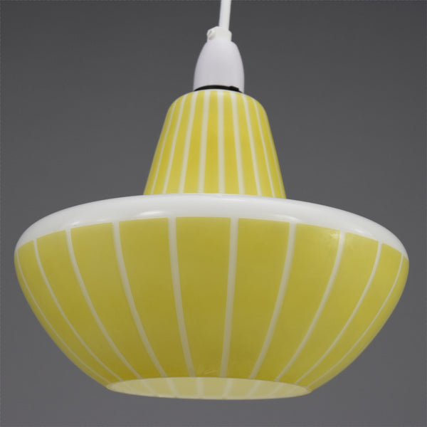 1950s white glass ceiling light with yellow stripes
