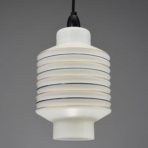 1960s white ribbed glass ceiling pendant light with gold and black lines