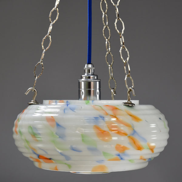 1930s-1950s flycatcher hanging bowl ceiling light with marbling in blue, green and orange
