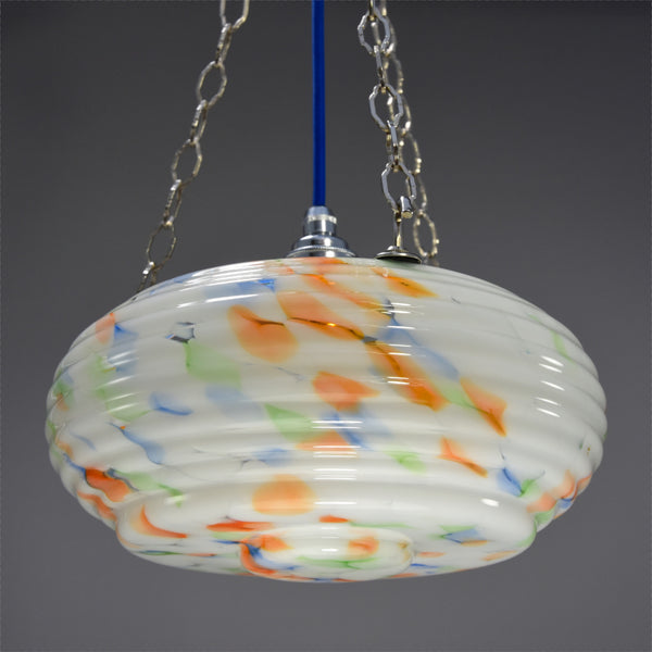1930s-1950s flycatcher hanging bowl ceiling light with marbling in blue, green and orange