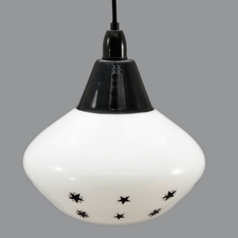 1950s white glass ceiling light with black top and star pattern