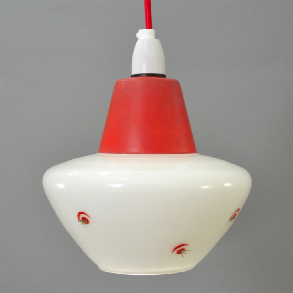 1950s small red topped white glass Ceiling Light with atomic motif