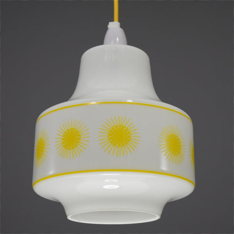 1960s/1970s White glass ceiling light with yellow sun burst design