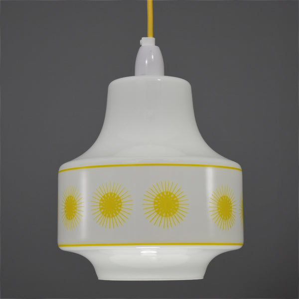 1960s/1970s White glass ceiling light with yellow sun burst design