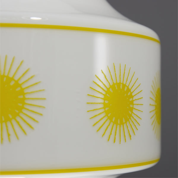 1960s/1970s White glass ceiling light with yellow sun burst design