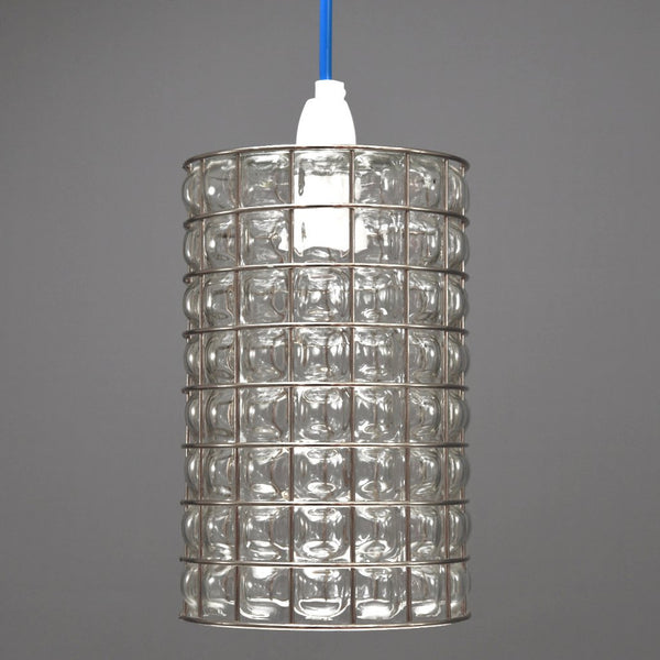 1960s/1970s Steel caged clear glass ceiling/pendant light with blue cable