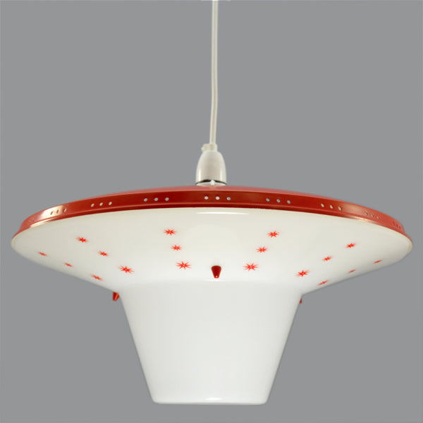 1960s ‘Flying saucer’ lampshade with moulded white plastic base and red metal top