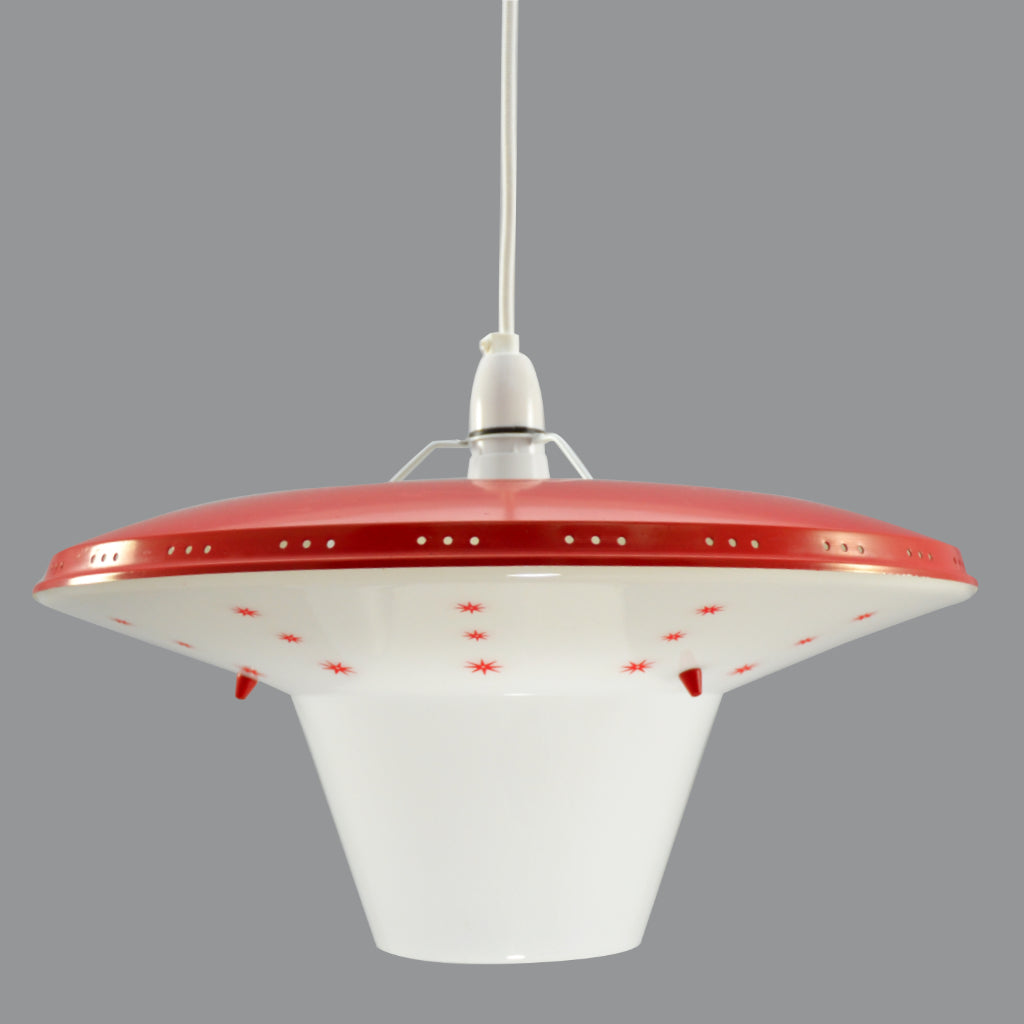 1960s Flying saucer lampshade with moulded white plastic base and red metal top