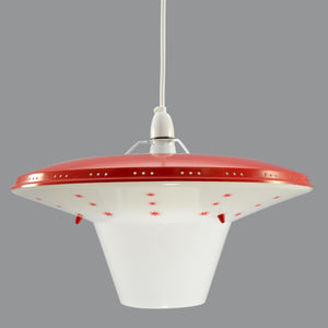 1960s ‘Flying saucer’ lampshade with moulded white plastic base and red metal top