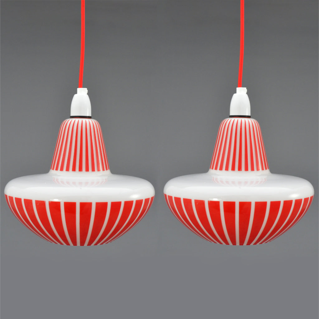 1960s white glass pendant lights with red pattern