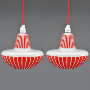 1960s white glass pendant lights with red pattern