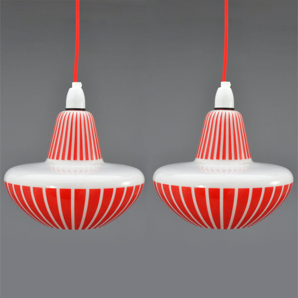 1960s white glass pendant lights with red pattern