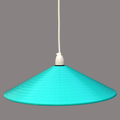 Large 1970s turquoise and white ribbed metal pendant.