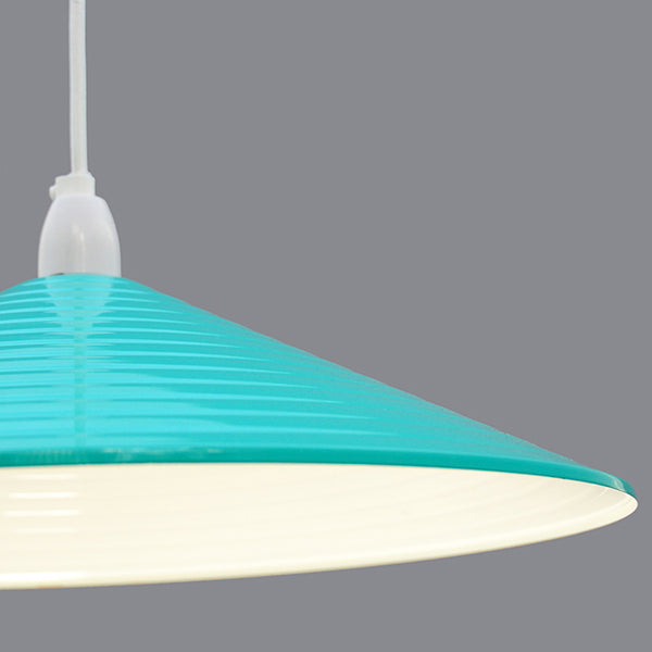 Large 1970s turquoise and white ribbed metal pendant.