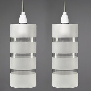 Pair of tall 1970s clear glass pendant lights with frosted banding