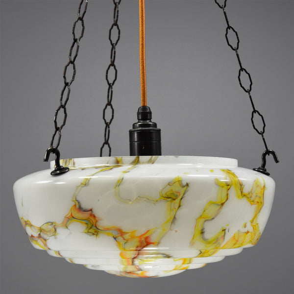 1920s flycatcher glass bowl ceiling light with in marbling in yellow, orange and blue