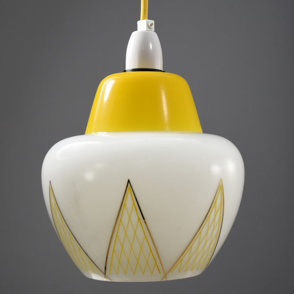 1950s White Glass Pendant Ceiling Light with Yellow Top and Yellow and Gold Patterning