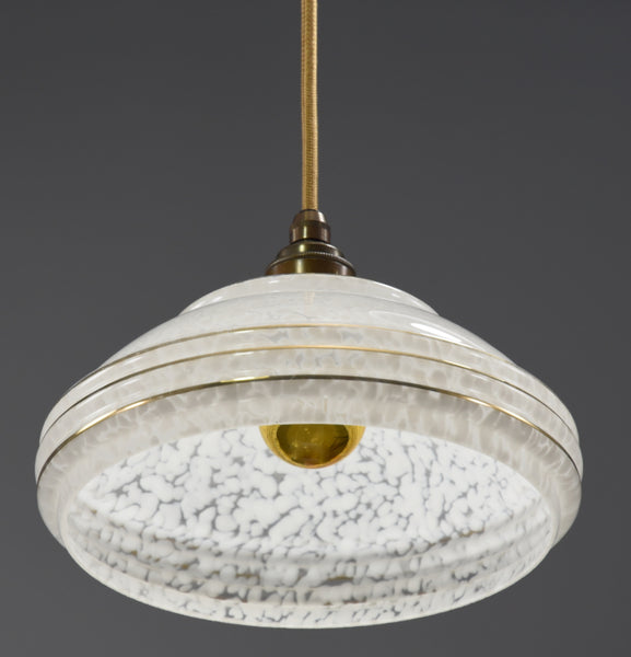 Pair of vintage 1950s-1960s glass pendant lights with white flakestone pattening and gold bands