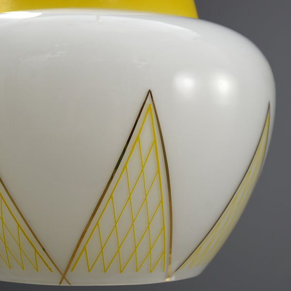 1950s White Glass Pendant Ceiling Light with Yellow Top and Yellow and Gold Patterning
