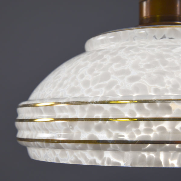 Pair of vintage 1950s-1960s glass pendant lights with white flakestone pattening and gold bands