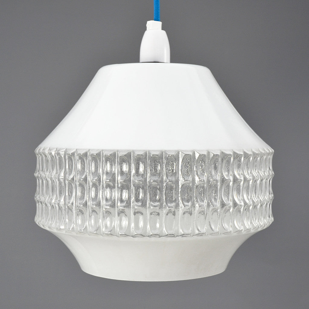 1950s Retro white and clear glass pendant light with white ceiling rose.