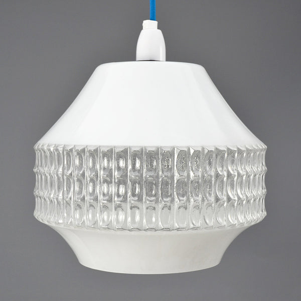 1950s Retro white and clear glass pendant light with white ceiling rose.