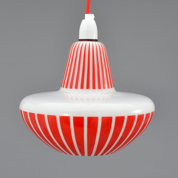 1960s White glass Pendant light with red pattern