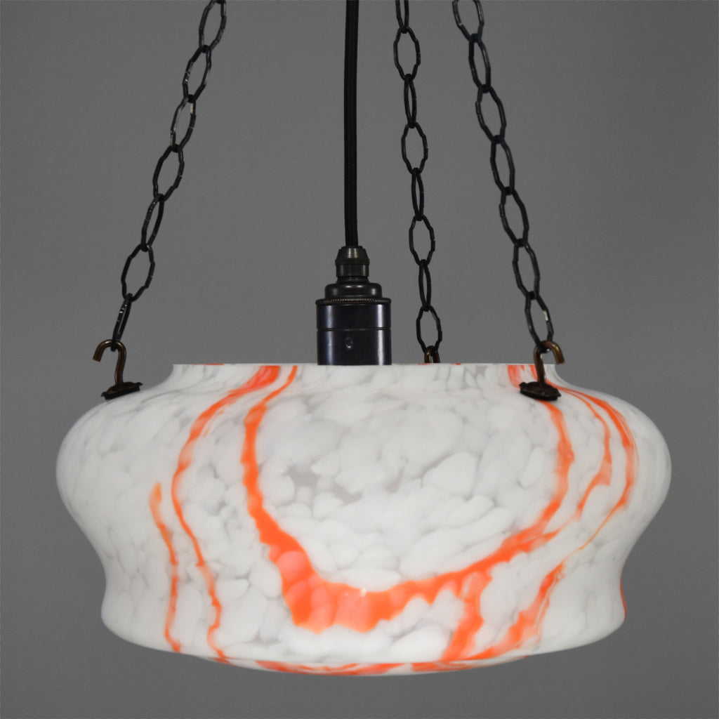 Art Deco white marbled glass flycatcher ceiling light with orange patterning