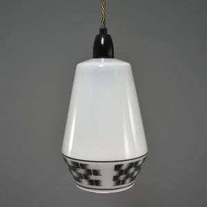 Mid Century Modern 1960s white glass pendant light with with black checkered motif