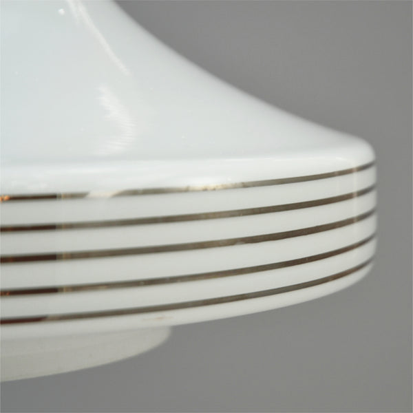 Retro white glass pendant light shade with silver stripes 1960s/1970s