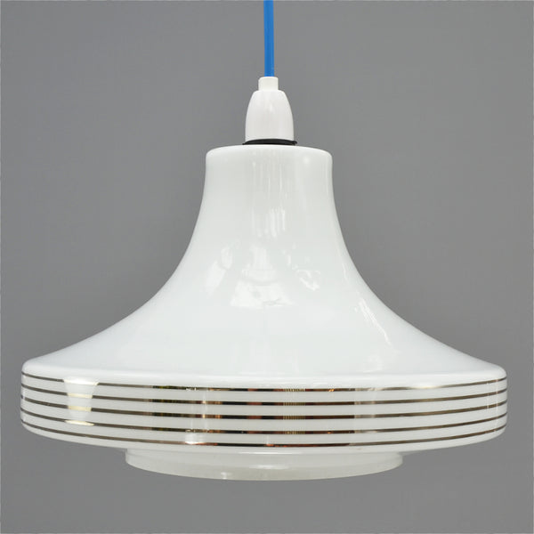 Retro white glass pendant light shade with silver stripes 1960s/1970s